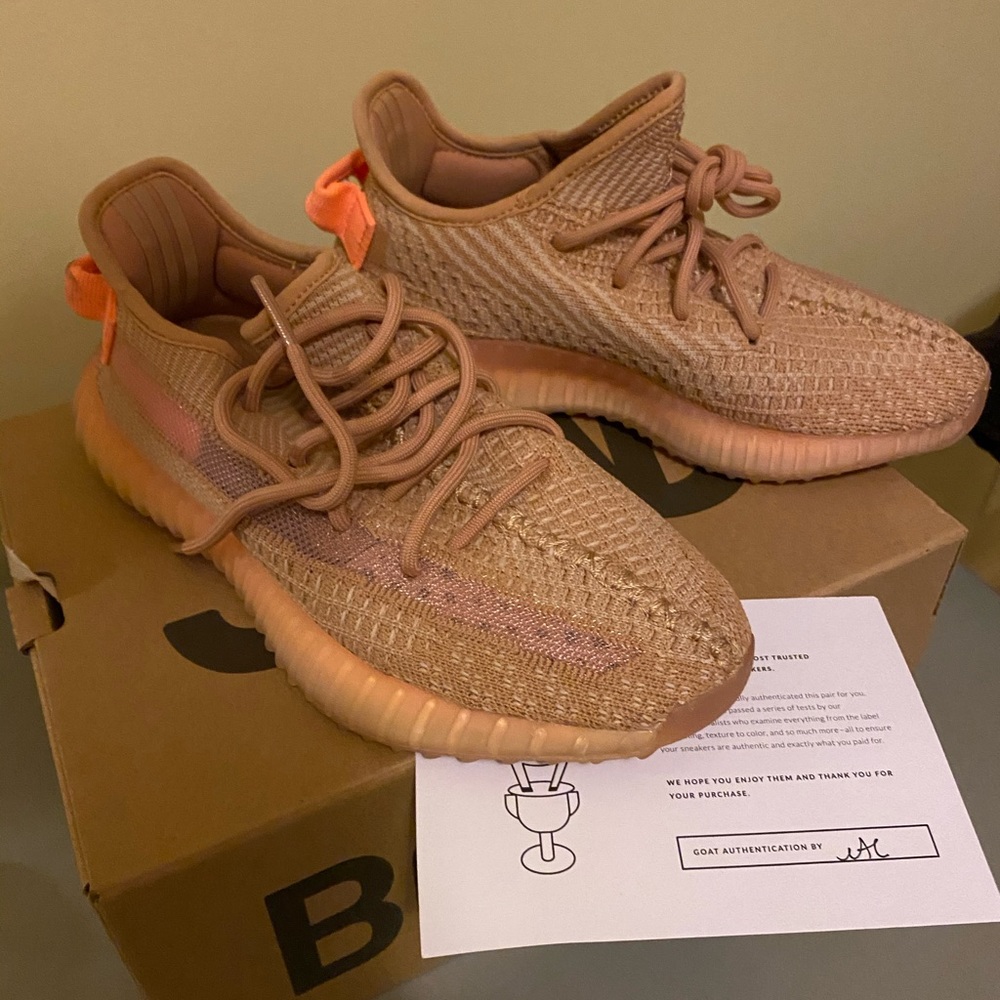 Yeezy Knit Sneakers in Tan with Orange Pull Tab